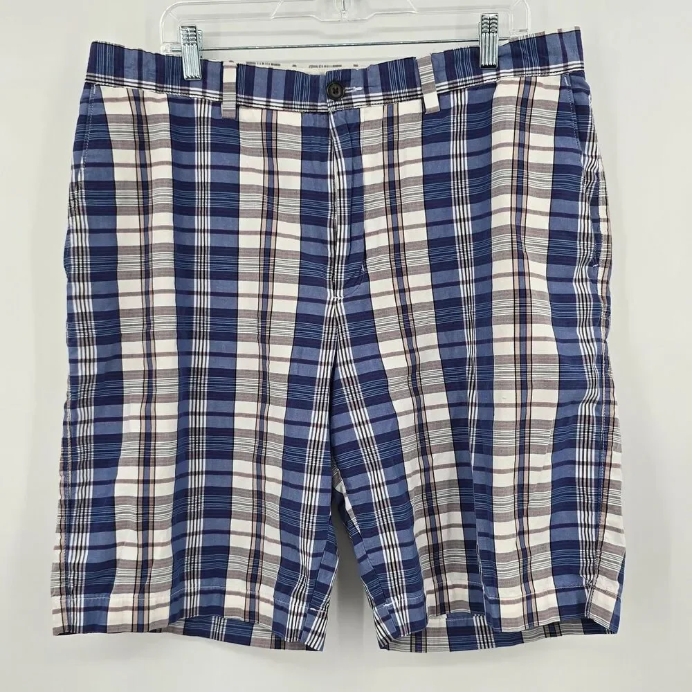 Banana Republic Flat Front Chino Shorts Men's 38 Blue Plaid